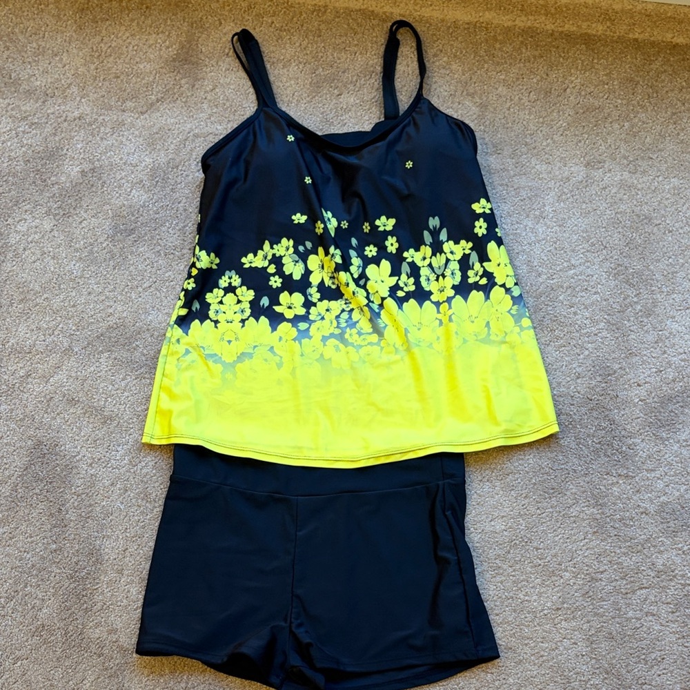 Black & Neon Yellow Floral Tankini Set